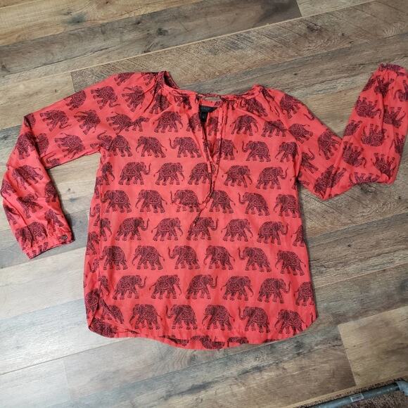 J. Crew Tangerine Safari Elephant Print Split V Neck Pintuck Raglan Top Size 0 - Picture 2 of 11